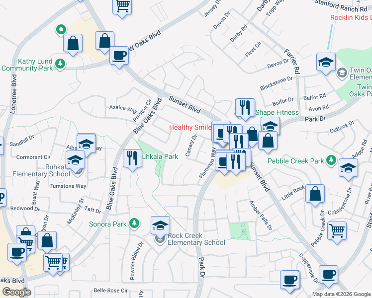 map of restaurants, bars, coffee shops, grocery stores, and more near 2331 Canary Drive in Rocklin