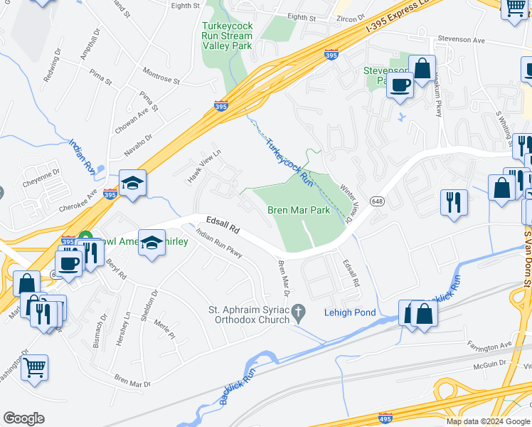 map of restaurants, bars, coffee shops, grocery stores, and more near 5441 Summer Leaf Lane in Alexandria