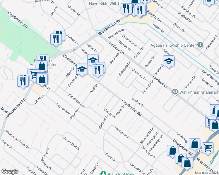 map of restaurants, bars, coffee shops, grocery stores, and more near 1575 Charbonier Road in Florissant