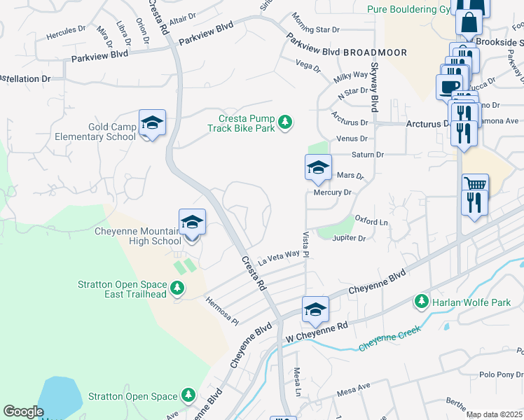 map of restaurants, bars, coffee shops, grocery stores, and more near 1820 Scholar Point in Colorado Springs