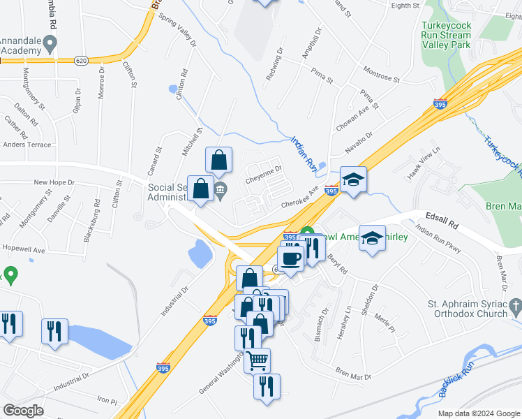 map of restaurants, bars, coffee shops, grocery stores, and more near 5433 Cheyenne Knoll Place in Alexandria