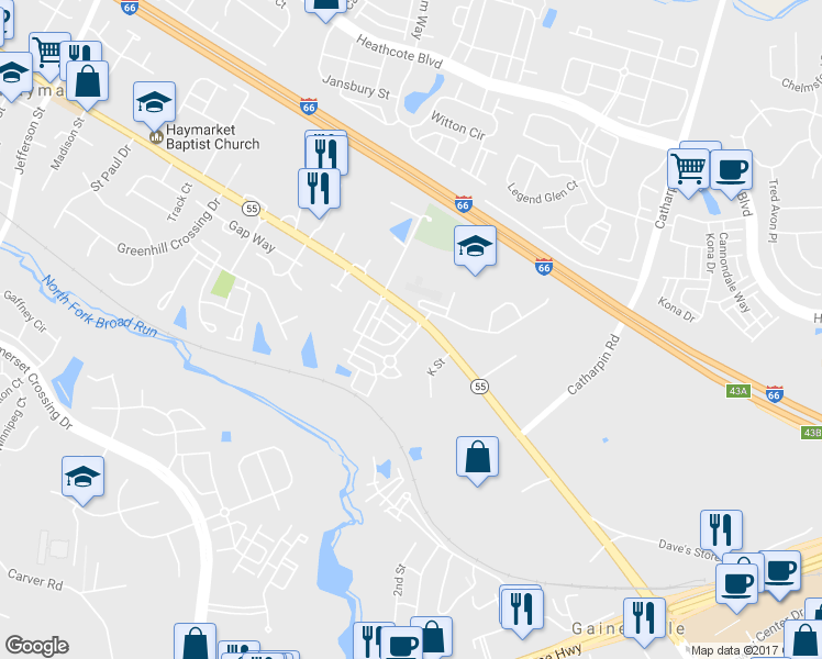map of restaurants, bars, coffee shops, grocery stores, and more near 6978 Landseer Drive in Gainesville