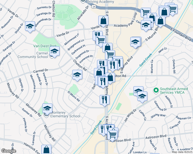 map of restaurants, bars, coffee shops, grocery stores, and more near 1950 Delta Drive in Colorado Springs