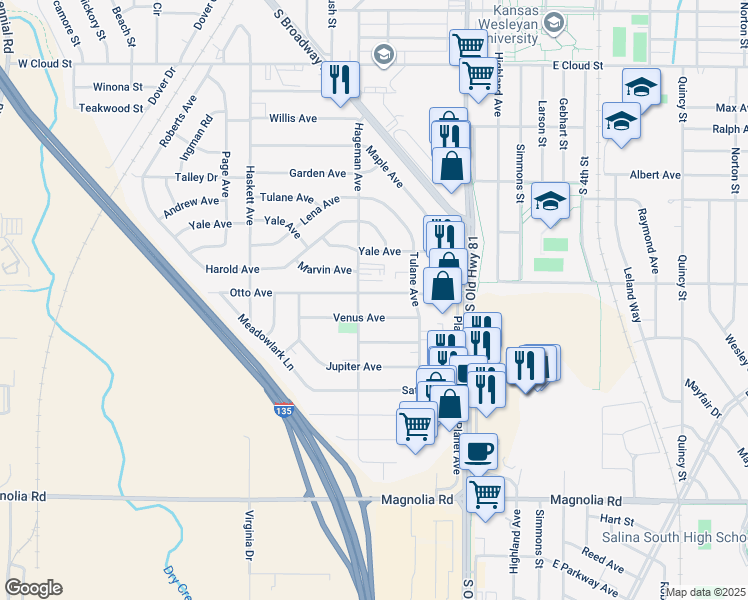 map of restaurants, bars, coffee shops, grocery stores, and more near 439 Otto Avenue in Salina