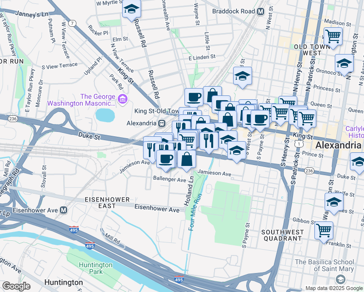 map of restaurants, bars, coffee shops, grocery stores, and more near 1725 Duke Street in Alexandria