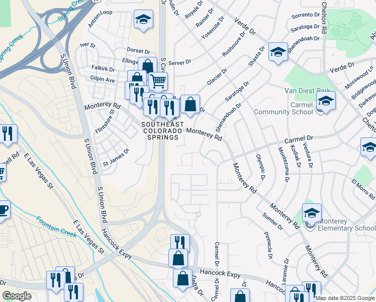 map of restaurants, bars, coffee shops, grocery stores, and more near 1946 Copper Creek Drive in Colorado Springs