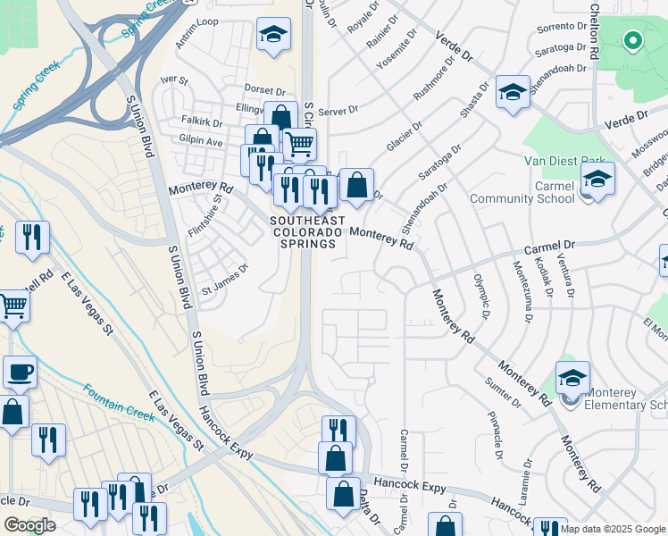 map of restaurants, bars, coffee shops, grocery stores, and more near 2049 Legacy Ridge View in Colorado Springs