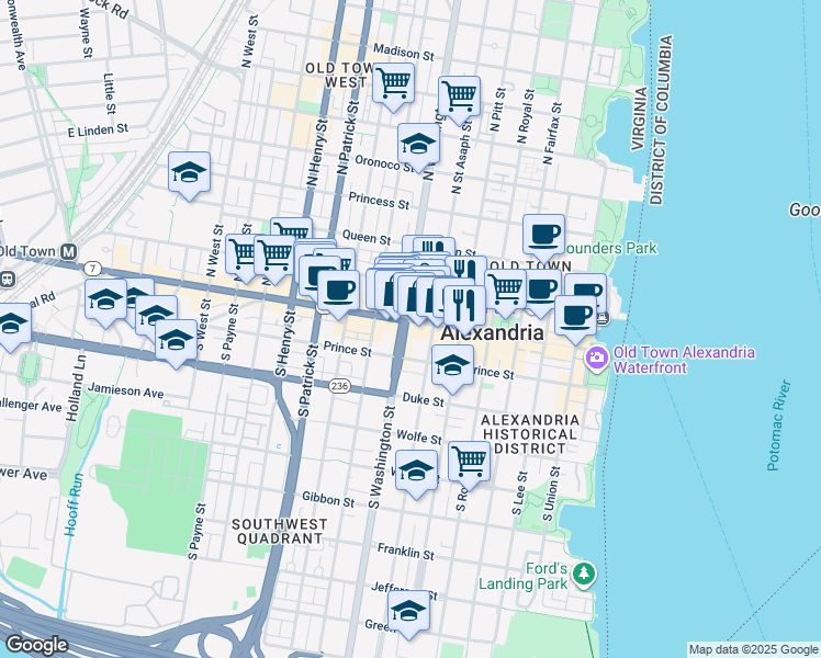 map of restaurants, bars, coffee shops, grocery stores, and more near 628 King Street in Alexandria
