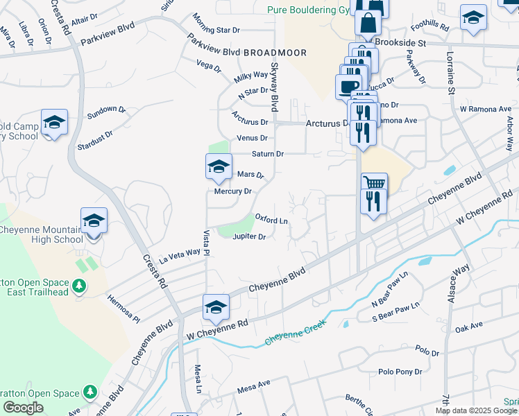 map of restaurants, bars, coffee shops, grocery stores, and more near 1013 Skyway Blvd in Colorado Springs