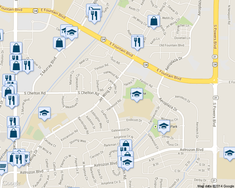 map of restaurants, bars, coffee shops, grocery stores, and more near 4522 Lancaster Drive in Colorado Springs