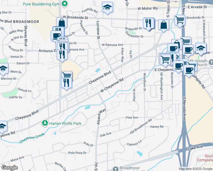 map of restaurants, bars, coffee shops, grocery stores, and more near 318 West Cheyenne Road in Colorado Springs