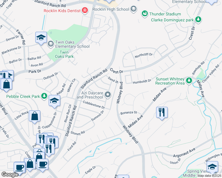 map of restaurants, bars, coffee shops, grocery stores, and more near 5617 Summit Drive in Rocklin