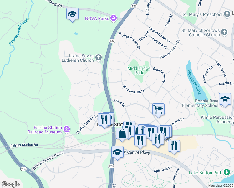 map of restaurants, bars, coffee shops, grocery stores, and more near 10962 Van Thompson Road in Fairfax Station