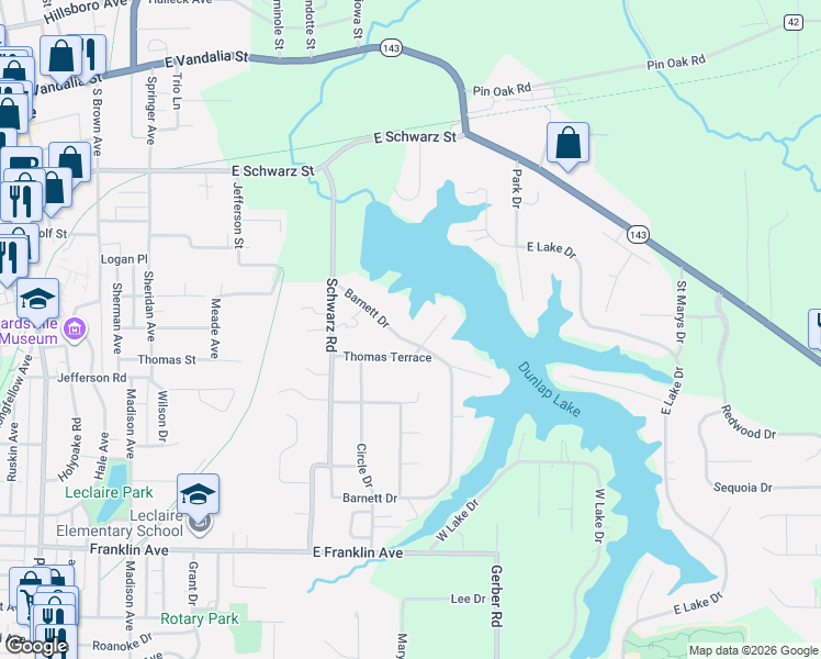 map of restaurants, bars, coffee shops, grocery stores, and more near 146 Barnett Drive in Edwardsville