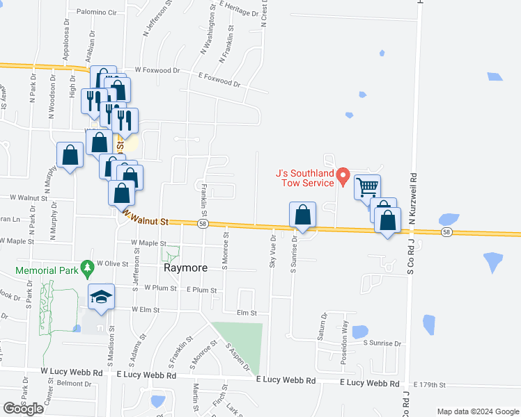 map of restaurants, bars, coffee shops, grocery stores, and more near 117 North Crest Drive in Raymore
