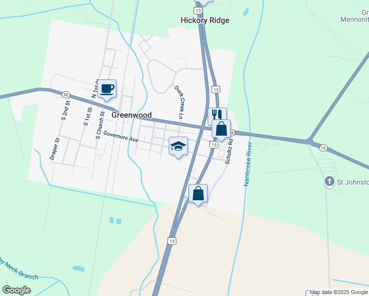 map of restaurants, bars, coffee shops, grocery stores, and more near 405 Governors Avenue in Greenwood