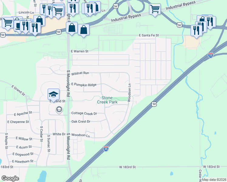 map of restaurants, bars, coffee shops, grocery stores, and more near 1036 East Pumpkin Ridge in Gardner
