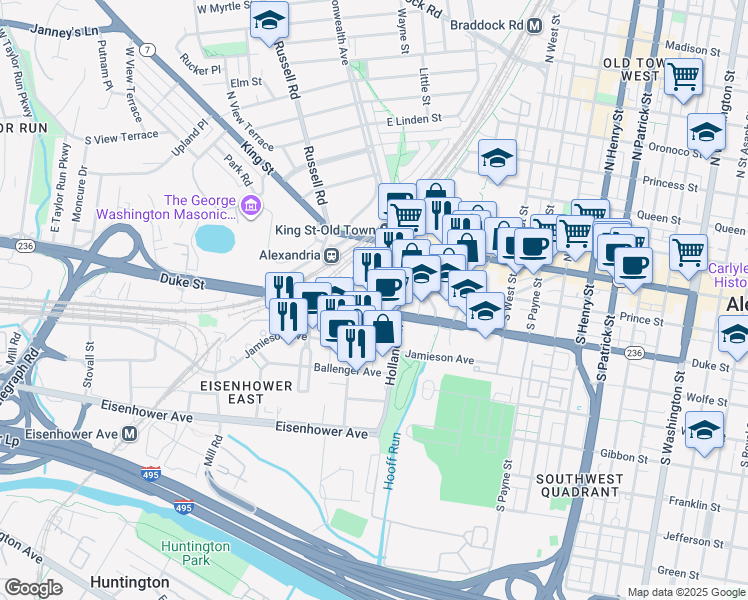 map of restaurants, bars, coffee shops, grocery stores, and more near 1725 Duke Street in Alexandria