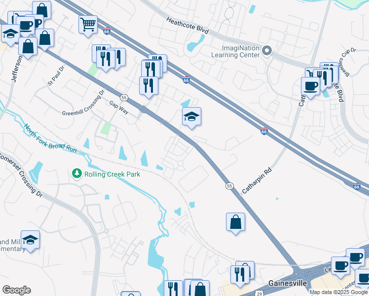 map of restaurants, bars, coffee shops, grocery stores, and more near 14504 Kentish Fire Street in Gainesville