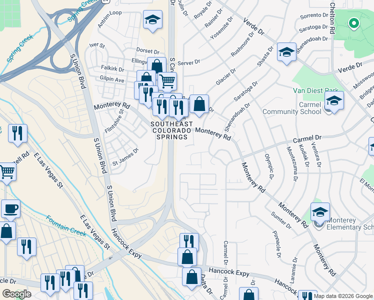 map of restaurants, bars, coffee shops, grocery stores, and more near 2002 Legacy Ridge View in Colorado Springs