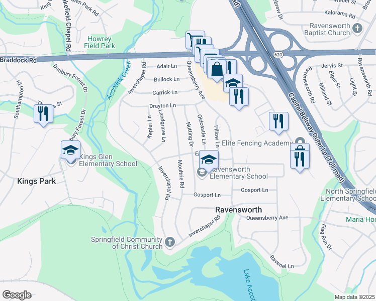 map of restaurants, bars, coffee shops, grocery stores, and more near 8100 Ellet Road in Springfield