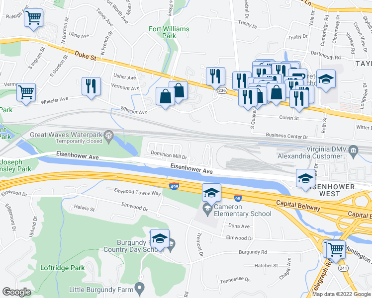 map of restaurants, bars, coffee shops, grocery stores, and more near 117 Cameron Parke Place in Alexandria