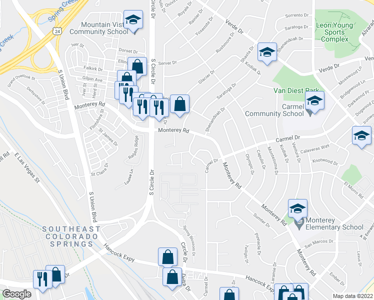 map of restaurants, bars, coffee shops, grocery stores, and more near 1904 Copper Creek Drive in Colorado Springs