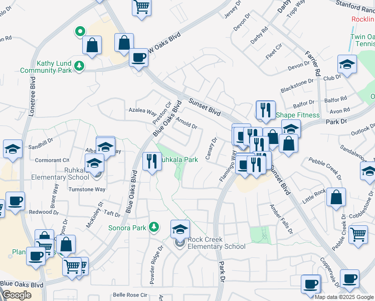 map of restaurants, bars, coffee shops, grocery stores, and more near 2158 Hannah Way in Rocklin