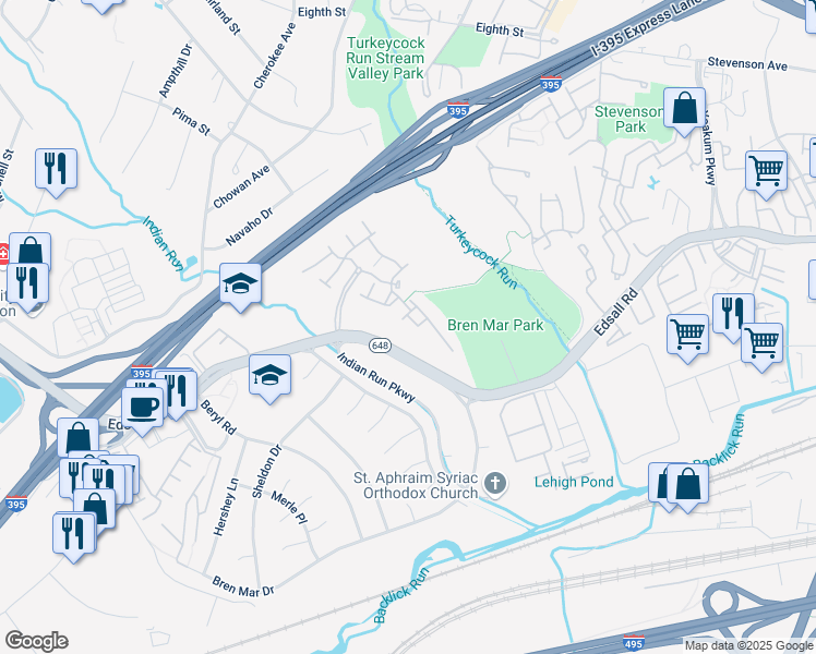 map of restaurants, bars, coffee shops, grocery stores, and more near 6327 Summer Moon Lane in Alexandria