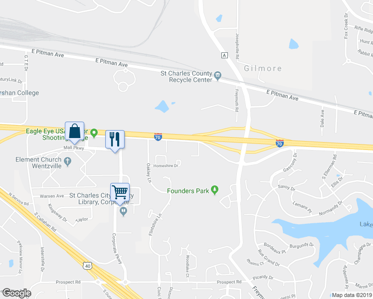 map of restaurants, bars, coffee shops, grocery stores, and more near 12526 Veterans Memorial Parkway in Wentzville