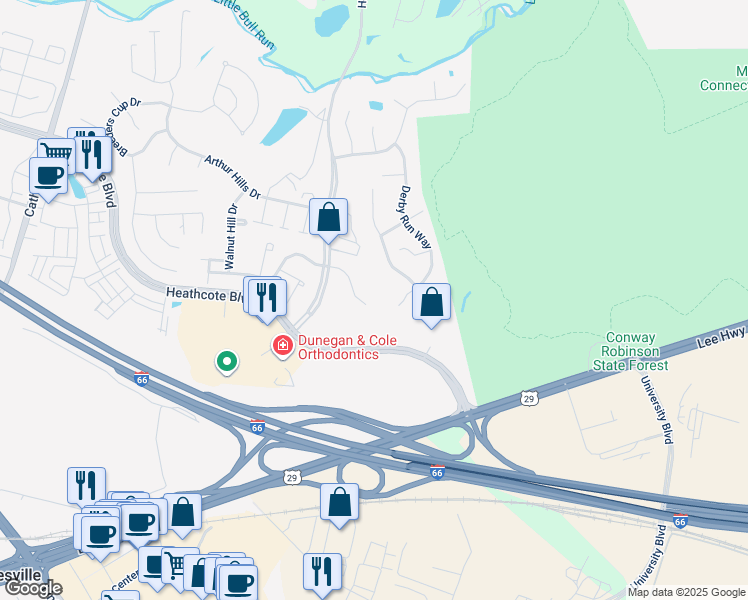map of restaurants, bars, coffee shops, grocery stores, and more near 13664 Paddock Court in Gainesville