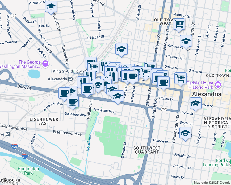 map of restaurants, bars, coffee shops, grocery stores, and more near 200 South Peyton Street in Alexandria