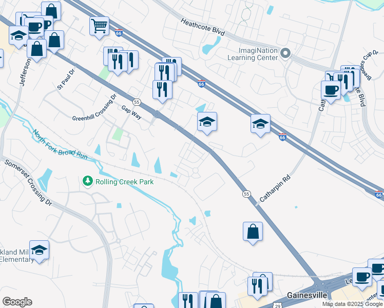 map of restaurants, bars, coffee shops, grocery stores, and more near 14545 Kentish Fire Street in Gainesville