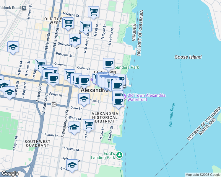 map of restaurants, bars, coffee shops, grocery stores, and more near 115 North Lee Street in Alexandria