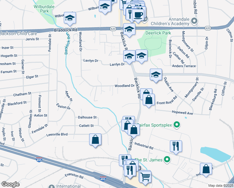 map of restaurants, bars, coffee shops, grocery stores, and more near 7015A Woodland Drive in Springfield
