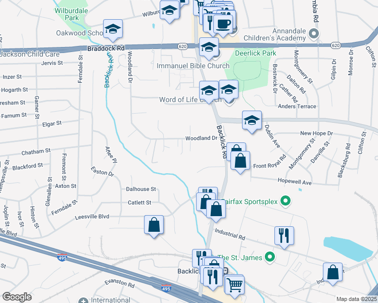 map of restaurants, bars, coffee shops, grocery stores, and more near 7015A Woodland Drive in Springfield