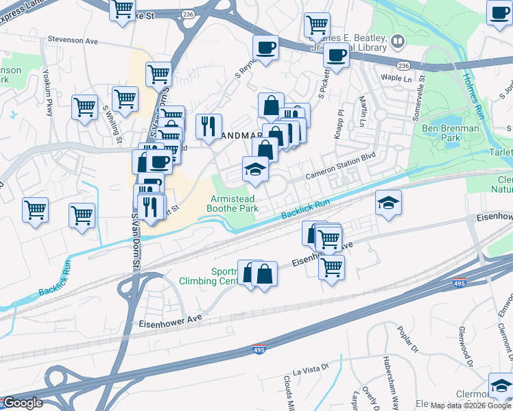 map of restaurants, bars, coffee shops, grocery stores, and more near 472 Ferdinand Day Drive in Alexandria