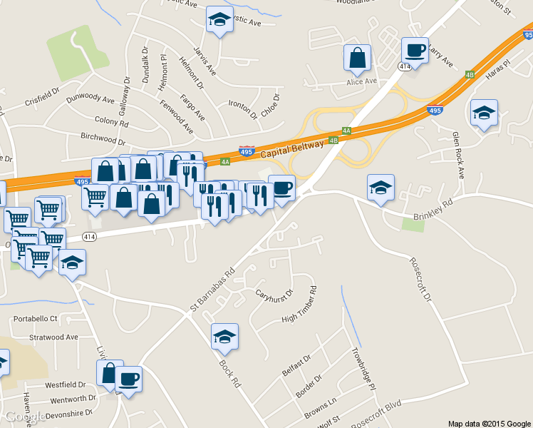 map of restaurants, bars, coffee shops, grocery stores, and more near 1900 John Hanson Ln in Oxon Hill