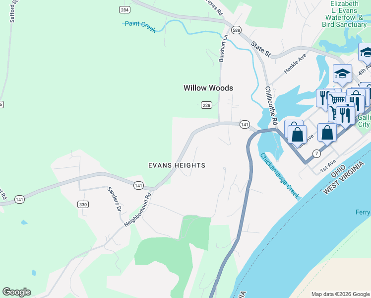 map of restaurants, bars, coffee shops, grocery stores, and more near 121 Portsmouth Road in Gallipolis