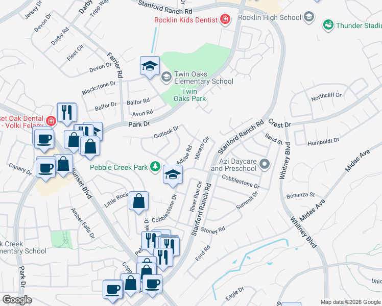 map of restaurants, bars, coffee shops, grocery stores, and more near 5651 Miners Circle in Rocklin