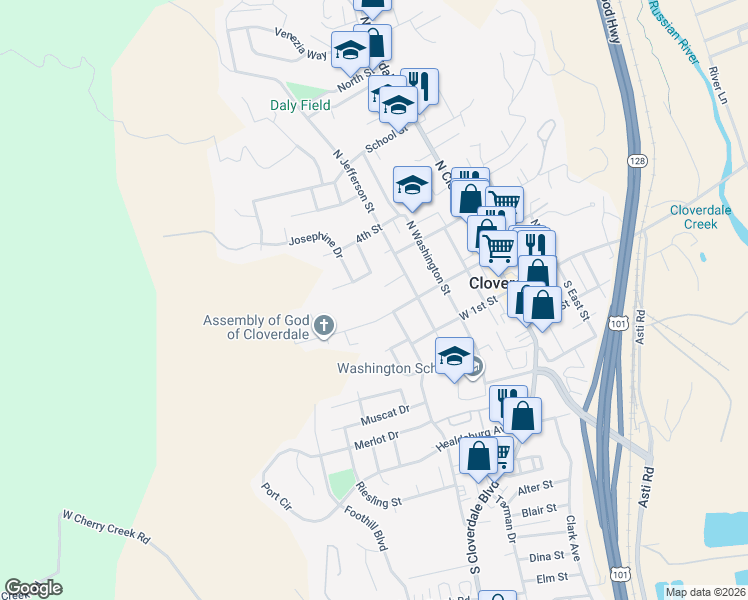 map of restaurants, bars, coffee shops, grocery stores, and more near 442 West 2nd Street in Cloverdale