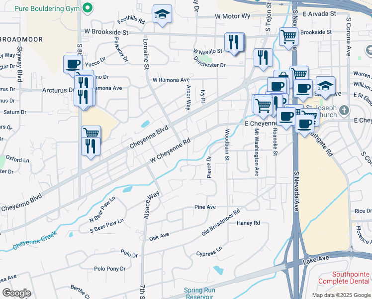 map of restaurants, bars, coffee shops, grocery stores, and more near 225 West Cheyenne Road in Colorado Springs
