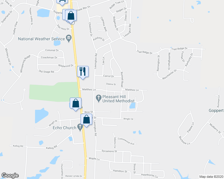 map of restaurants, bars, coffee shops, grocery stores, and more near 1305 Matthes Lane in Pleasant Hill