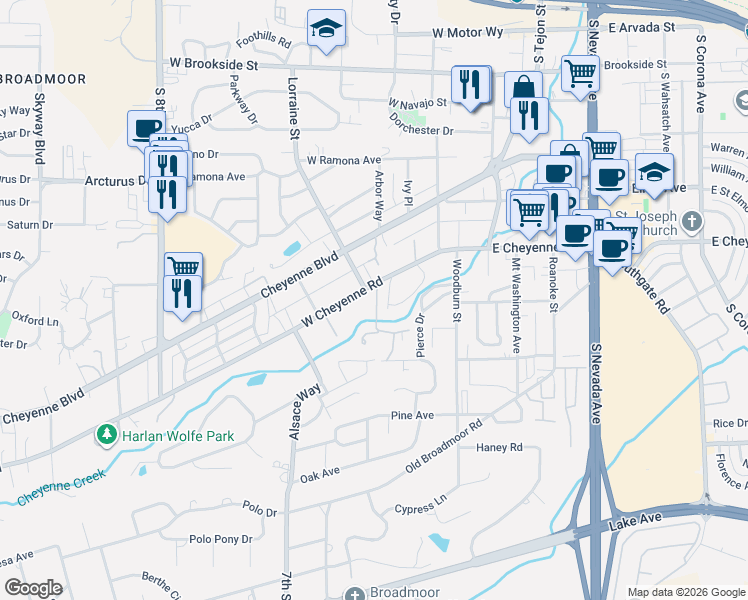 map of restaurants, bars, coffee shops, grocery stores, and more near 225 West Cheyenne Road in Colorado Springs