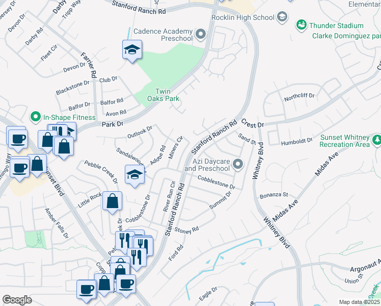 map of restaurants, bars, coffee shops, grocery stores, and more near Stanford Ranch Road in Rocklin