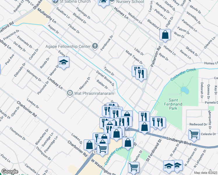 map of restaurants, bars, coffee shops, grocery stores, and more near 735 Babler Drive in Florissant