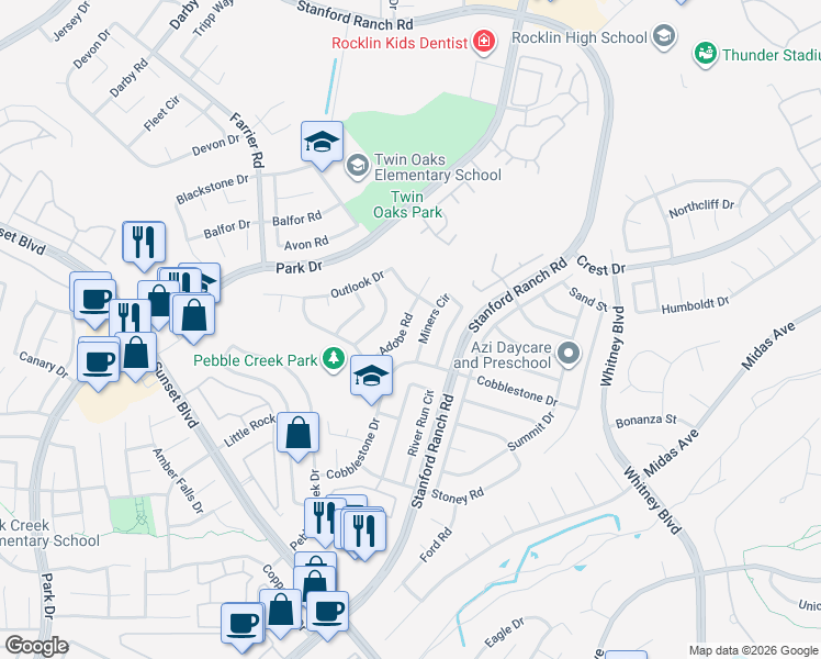 map of restaurants, bars, coffee shops, grocery stores, and more near 5621 Adobe Road in Rocklin