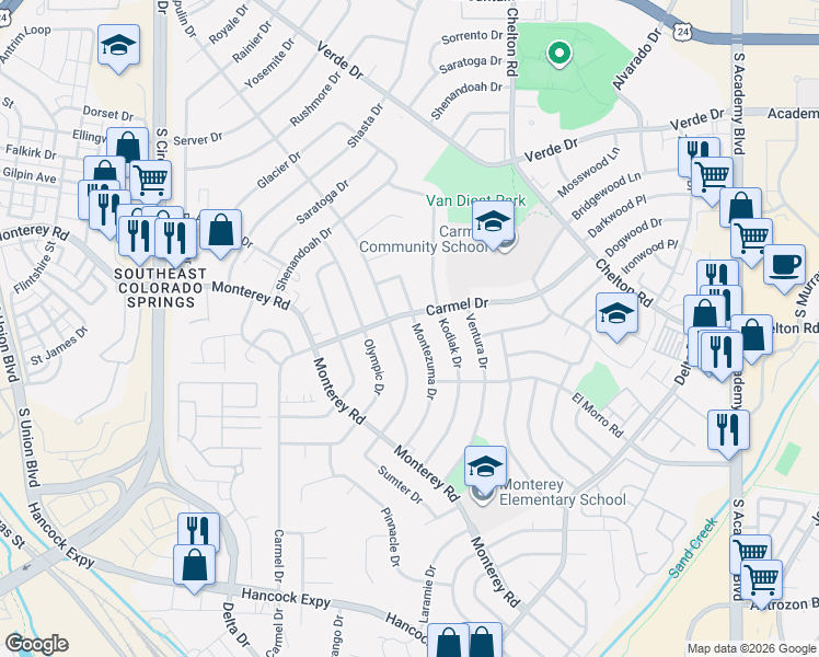 map of restaurants, bars, coffee shops, grocery stores, and more near 1906 Montezuma Drive in Colorado Springs