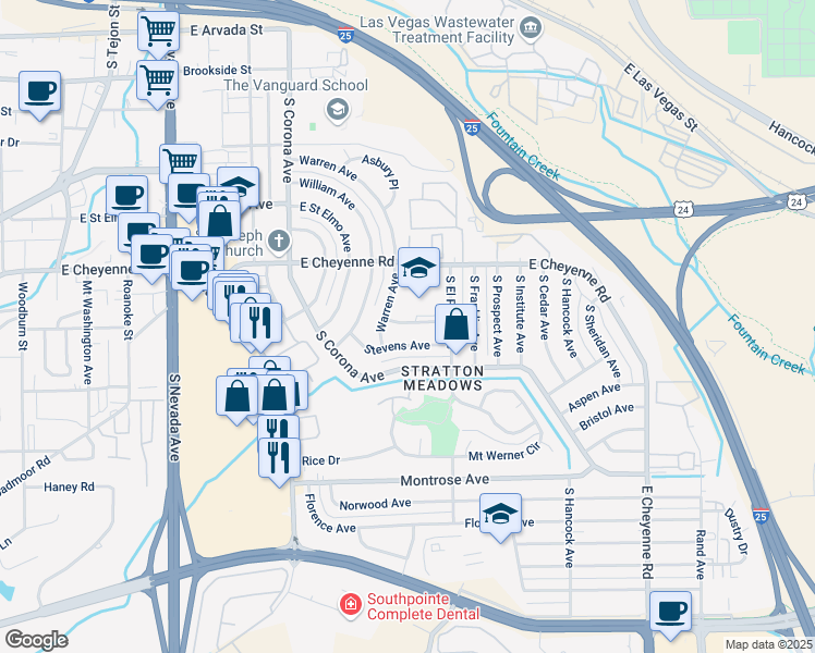 map of restaurants, bars, coffee shops, grocery stores, and more near 611 Brookshire Avenue in Colorado Springs