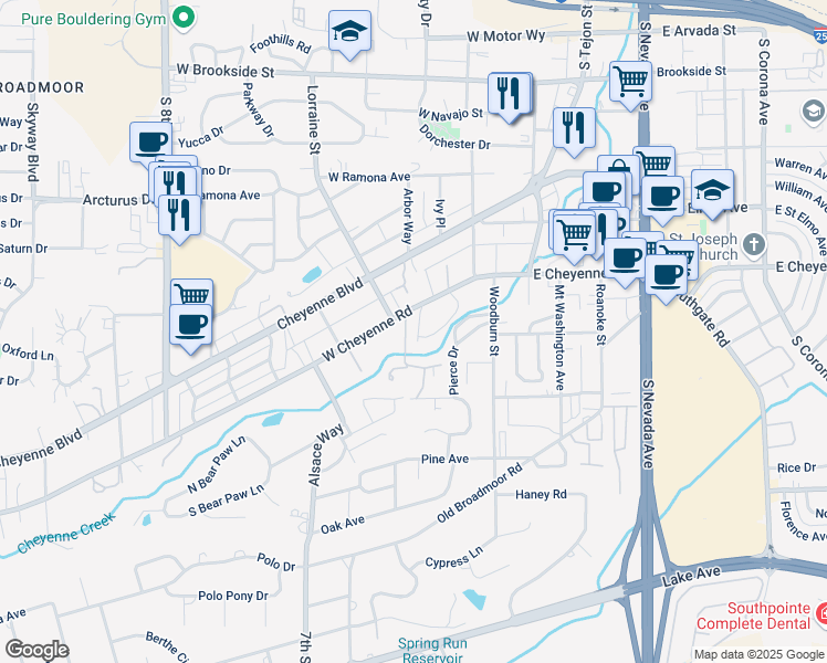map of restaurants, bars, coffee shops, grocery stores, and more near 225 West Cheyenne Road in Colorado Springs